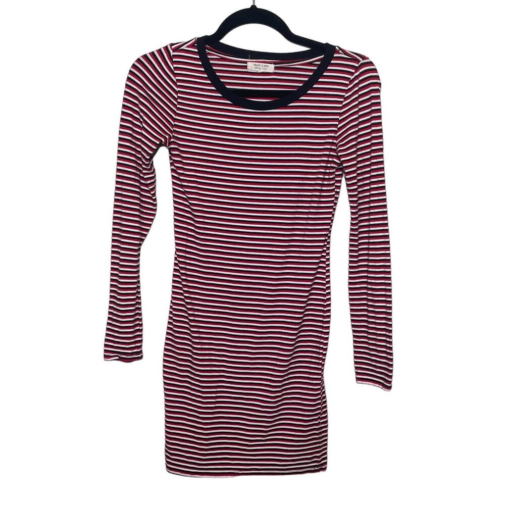 Heart Hips Long Sleeve Crewneck‎ Striped Print T-Shirt Mini Dress Red Womens S